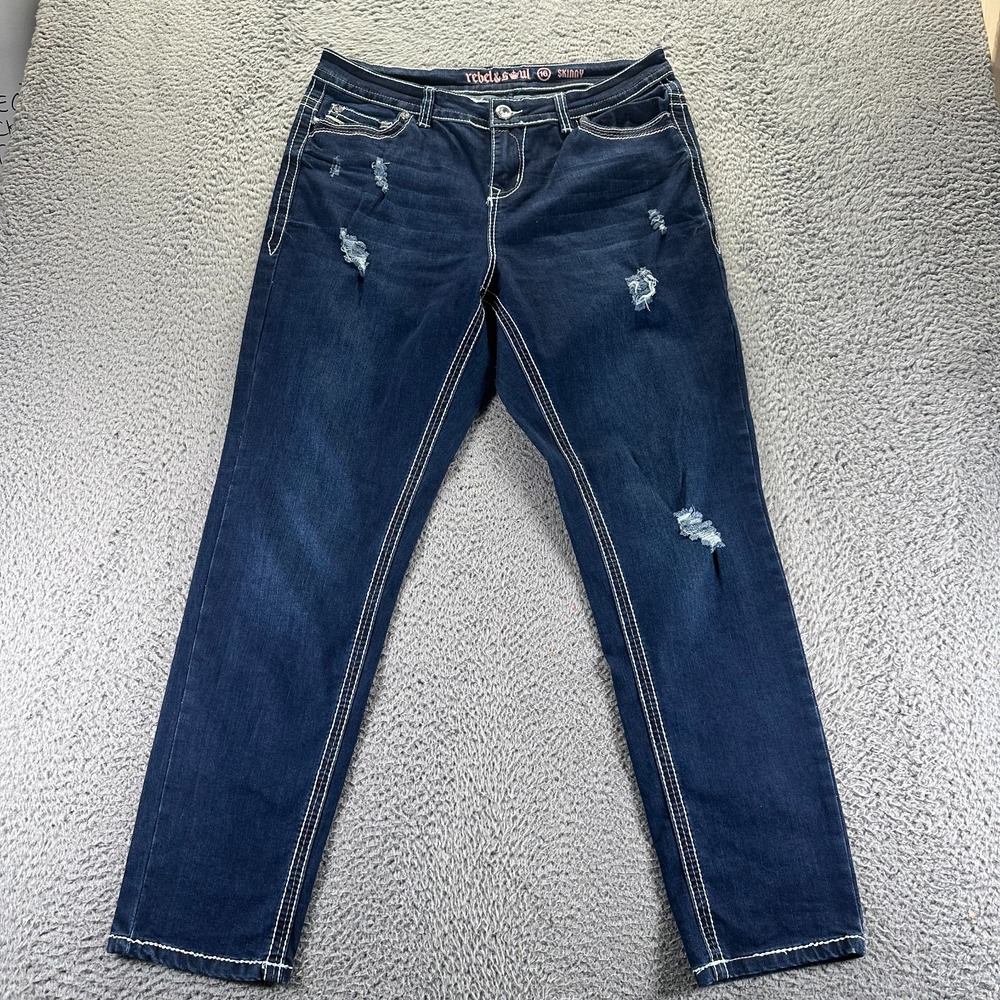 Rebel & Soul Jeans Womens 16 Blue Cotton Denim Skinny Faded Stretch Distressed